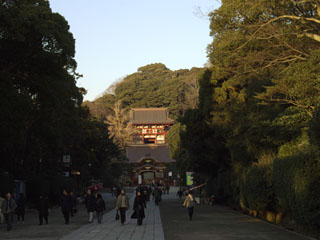 参道から、舞殿（手前）と本宮（奥）